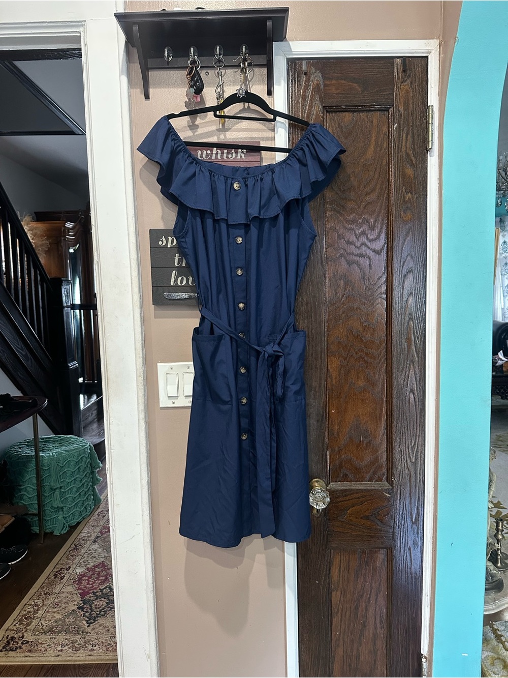 Ruffled Navy Midi Dress with Button Front and Waist Tie
